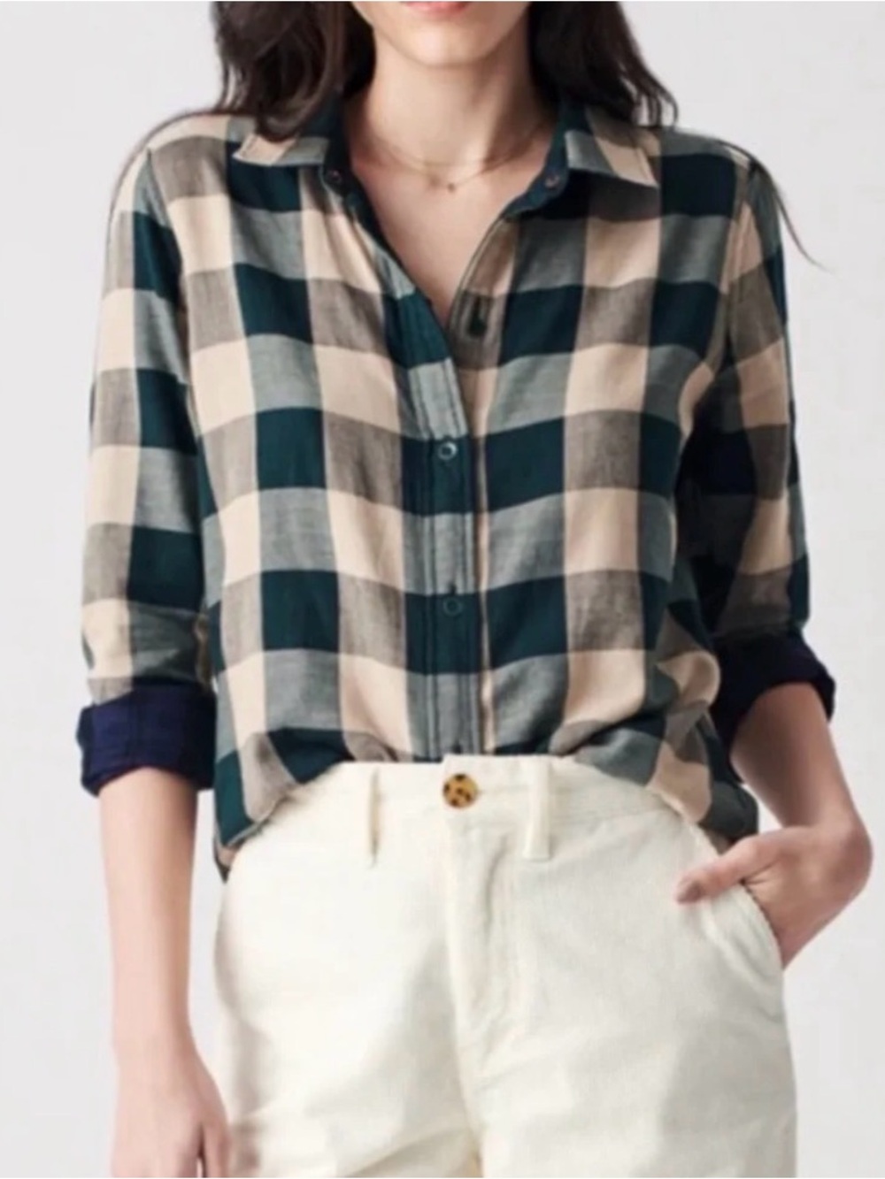 Faherty Buffalo Check Button-Up Women’s Reversible Shirt Dark Green & Cream XS
